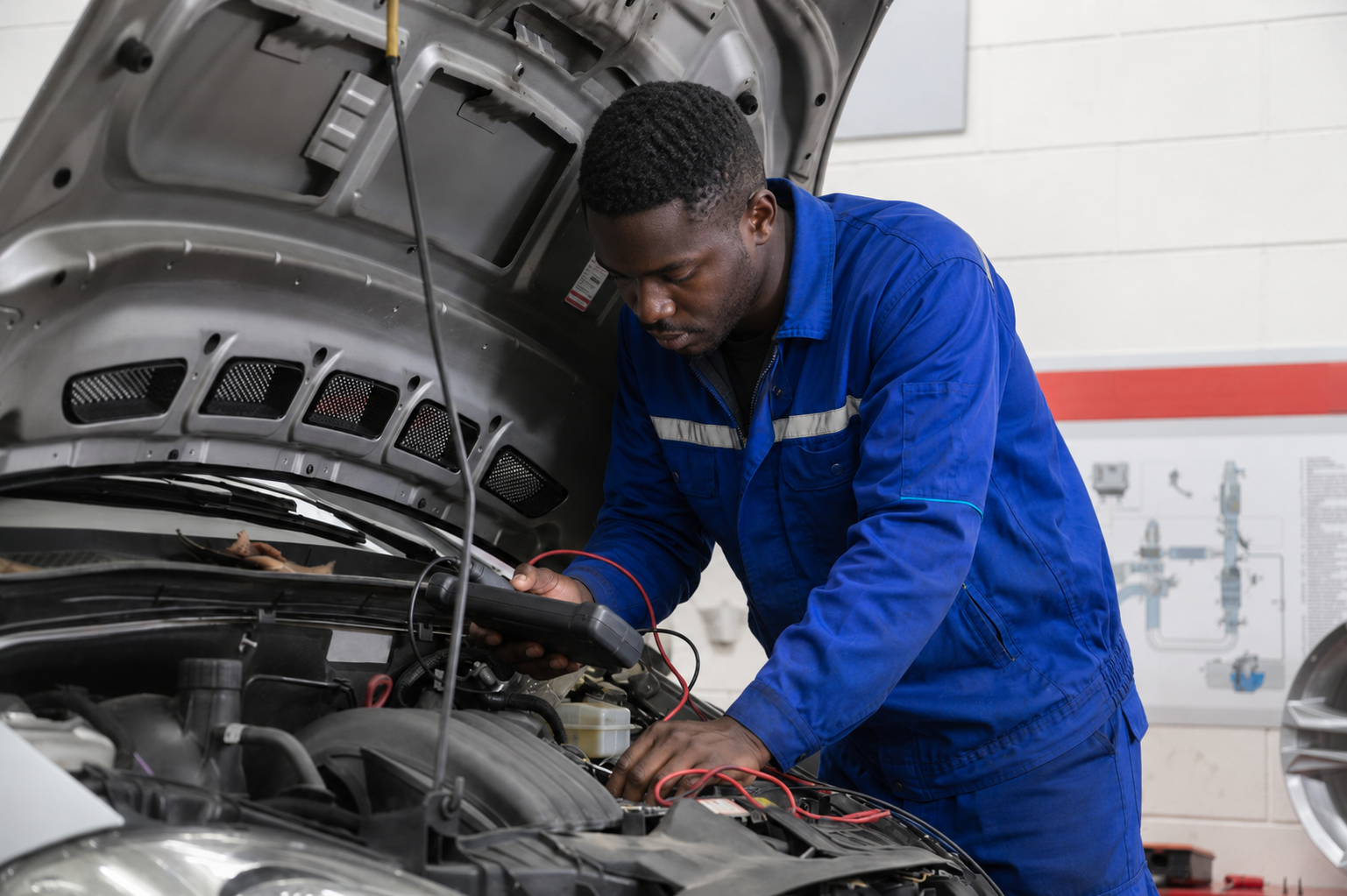 Technicien inspectant le moteur avec une lampe de diagnostic